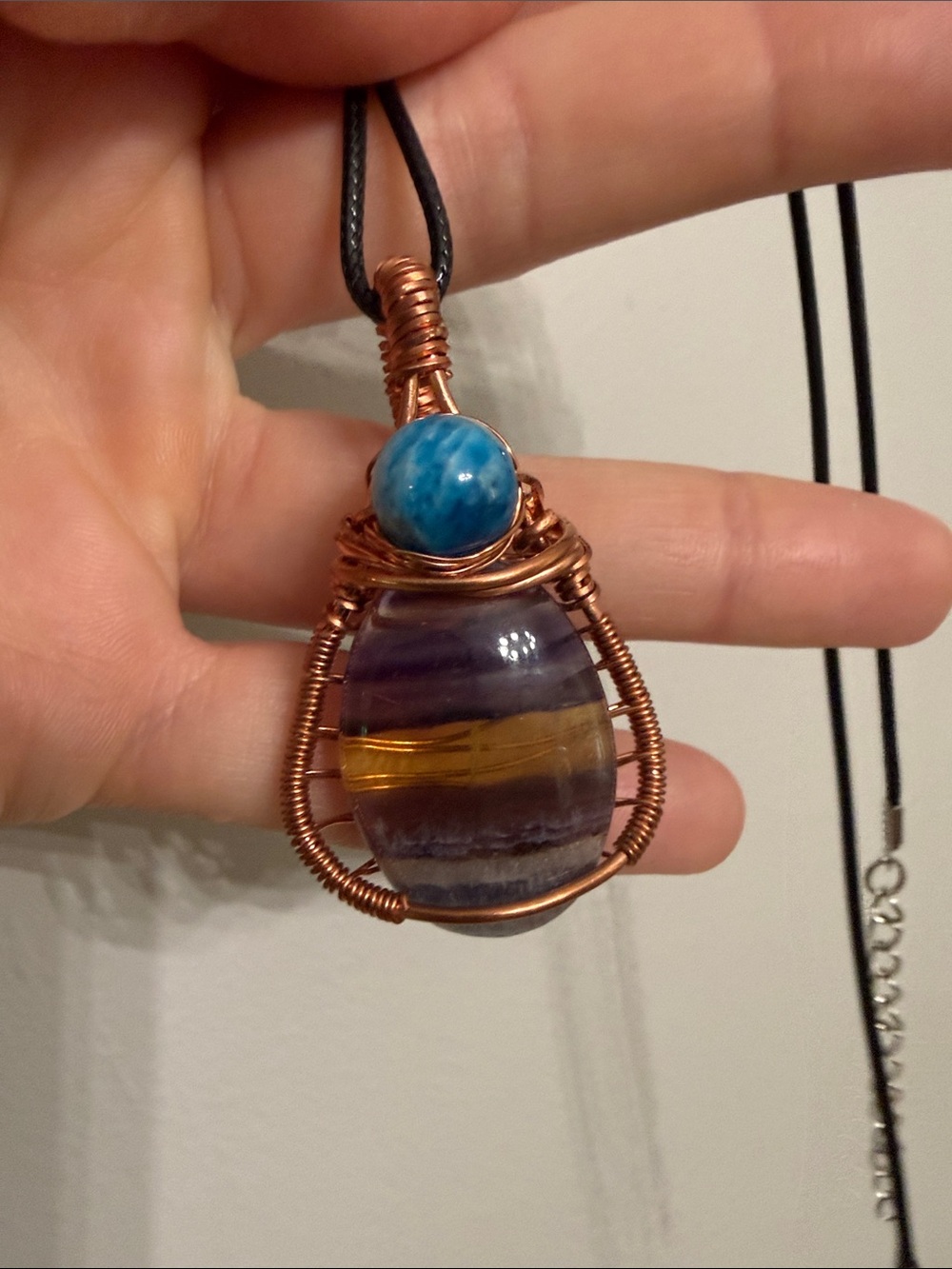 Handmade Copper Wire Wrapped Fluorite Pendant with Blue Apatite Bead - Picture 3 of 7